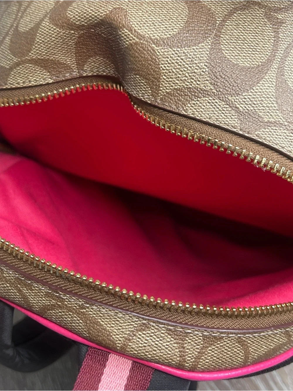 Coach Signature Monogram Pink Leather Trim Backpack – Gold Hardware – Medium